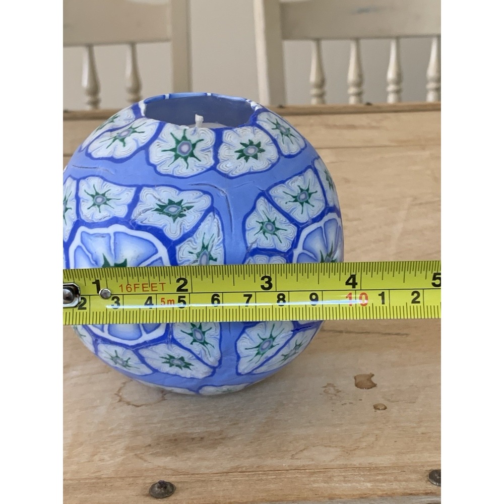 Millefiori Blue Floral Decorative Wax Ball Candle Single Wick Glow Vintage New - Picture 11 of 11
